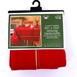 Classic Tidings Red Oblong Tablecloth 60x104 Gold Border Cotton Blend 8-10 Seats